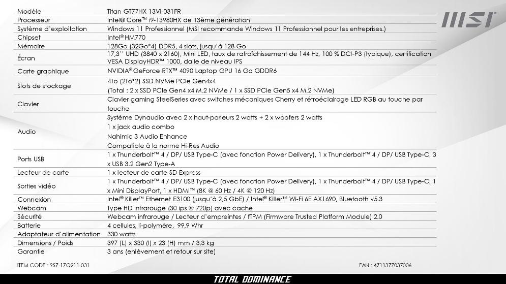 PC portable gamer Titan GT77HX 13VH-058FR— Boutique en ligne officielle de  MSI France