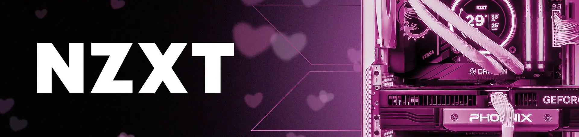 Bannière promotionnelle NZXT pour PC gamer avec éclairage rose et composants haut de gamme sur le site FlowUP