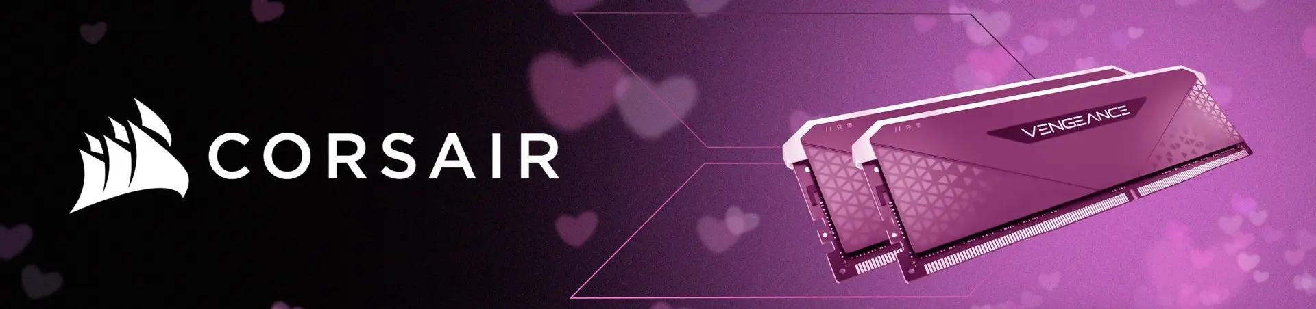 Bannière promotionnelle Corsair pour PC gamer avec barrettes de mémoire RAM Vengeance RGB et logo de la marque sur FlowUP