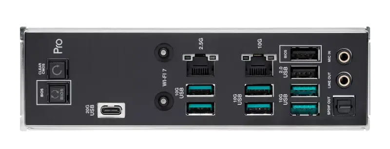 Connectiques arrière carte mère ASUS Pro WS TRX50 SAGE WIFI USB C USB 3 0 RJ45 audio workstation