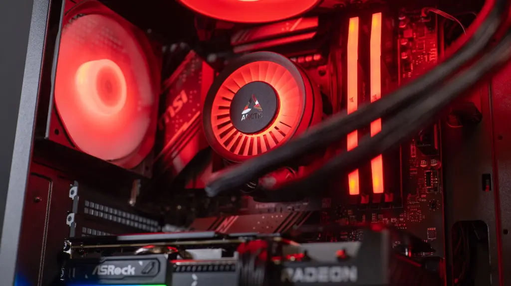 Intérieur d’un PC gamer avec watercooling Arctic RGB rouge, carte mère MSI et carte graphique Radeon