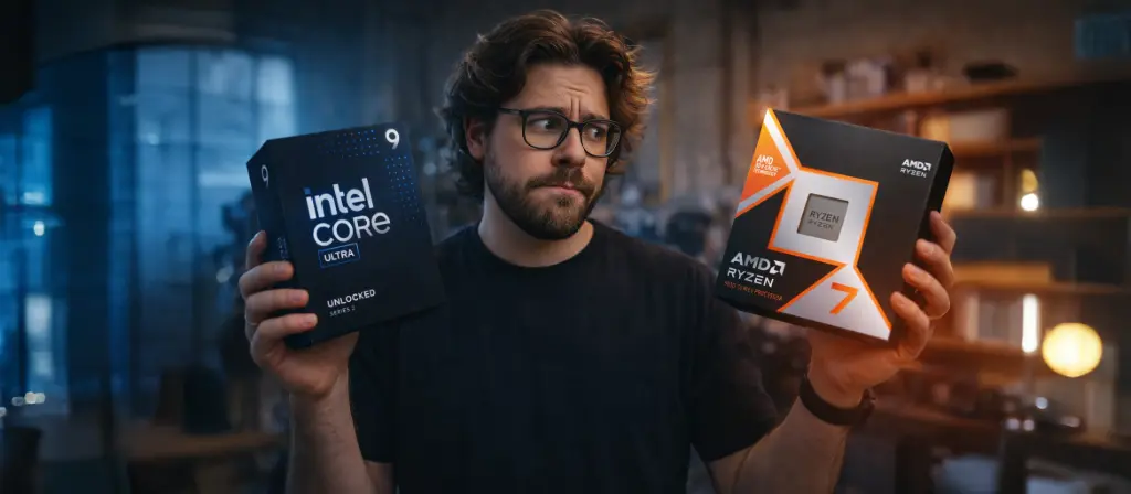 Comparatif processeur Intel Core Ultra vs AMD Ryzen 7, homme tenant deux boîtes CPU pour choisir le meilleur processeur gaming