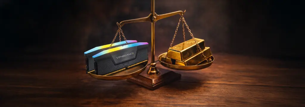 Barrette RAM RGB Corsair Vengeance comparée à des lingots d’or sur une balance symbolisant le prix de la mémoire PC
