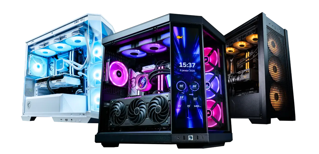 Comparatif de trois PC gamer FlowUP avec boîtiers RGB, composants haut de gamme et designs noir et blanc