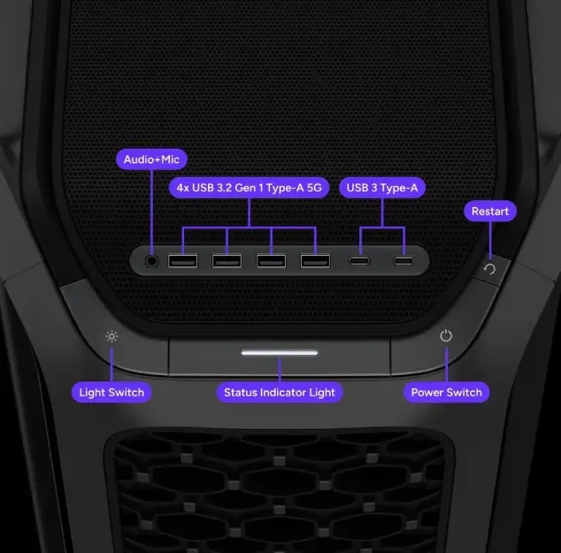 Panneau I/O du Cooler Master Cosmos Alpha avec USB-A, USB-C, audio jack, bouton power et contrôle RGB, boîtier PC full tower premium pour setup gaming haut de gamme