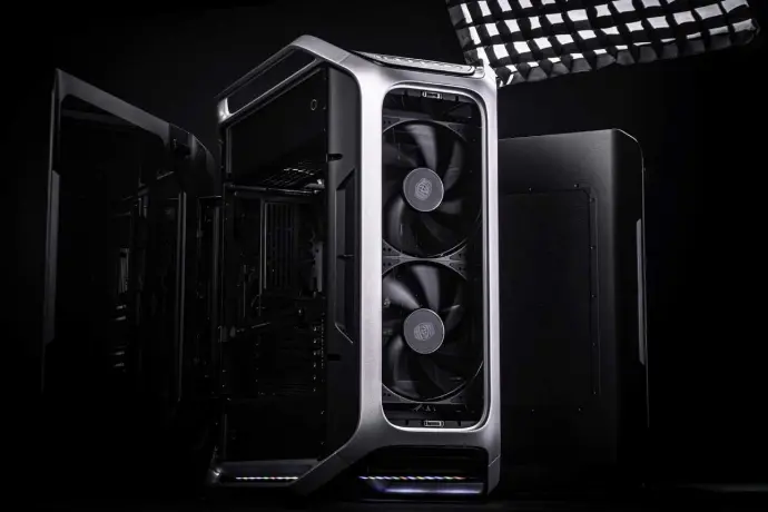 Cooler Master Cosmos Alpha avec façade ouverte et grands ventilateurs avant, boîtier PC full tower premium pensé pour airflow puissant, watercooling et configuration gaming haut de gamme