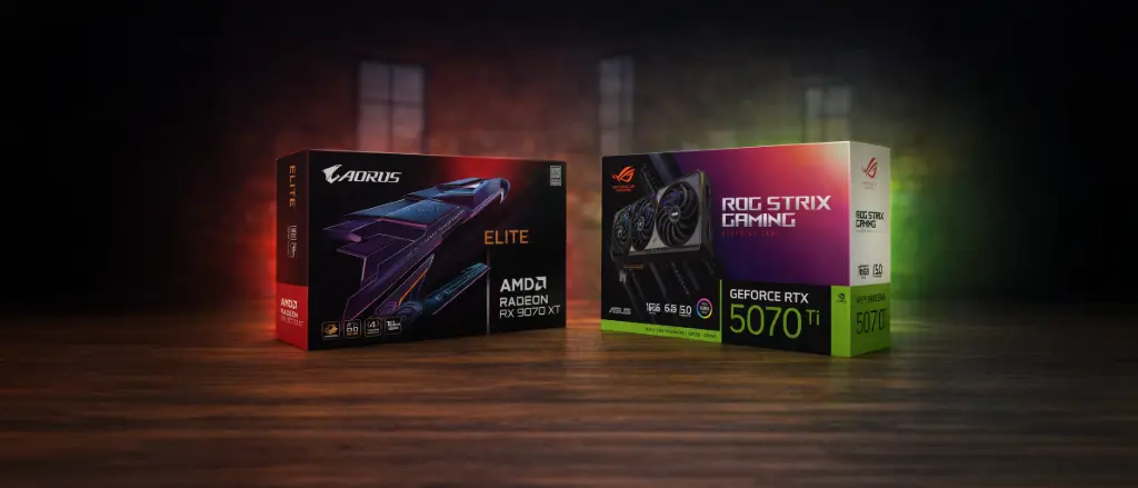 Cartes graphiques AMD Radeon RX 9070 XT AORUS Elite et NVIDIA GeForce RTX 5070 Ti ROG Strix Gaming pour PC gaming haute performance