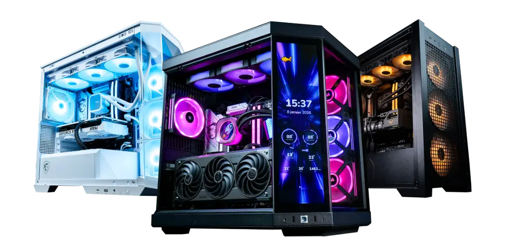 PC gaming RGB haut de gamme avec boîtiers vitrés, watercooling et écran intégré pour monitoring des performances et setup premium