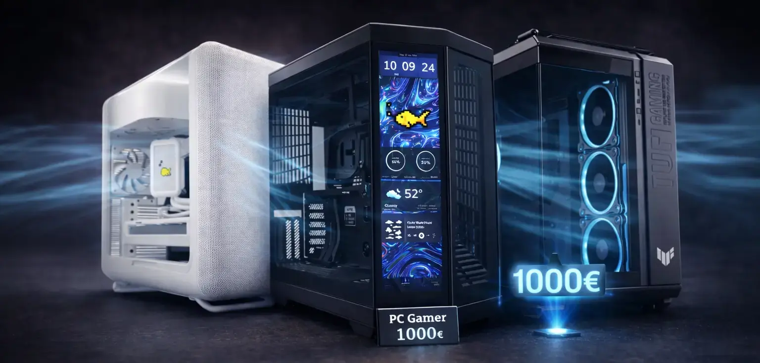 PC gaming à 1000€ avec boîtiers RGB, airflow optimisé et écran monitoring pour configuration performante et rapport qualité prix