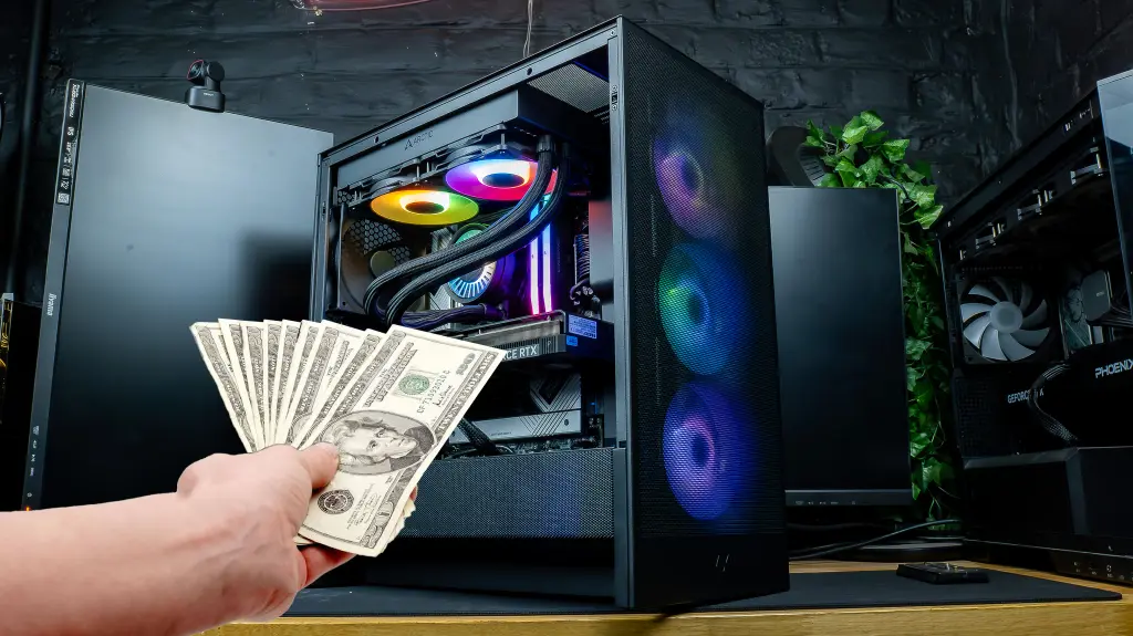 PC gaming RGB avec ventilateurs ARGB et carte graphique GeForce RTX illustrant le prix d’un setup gamer avec billets en dollars
