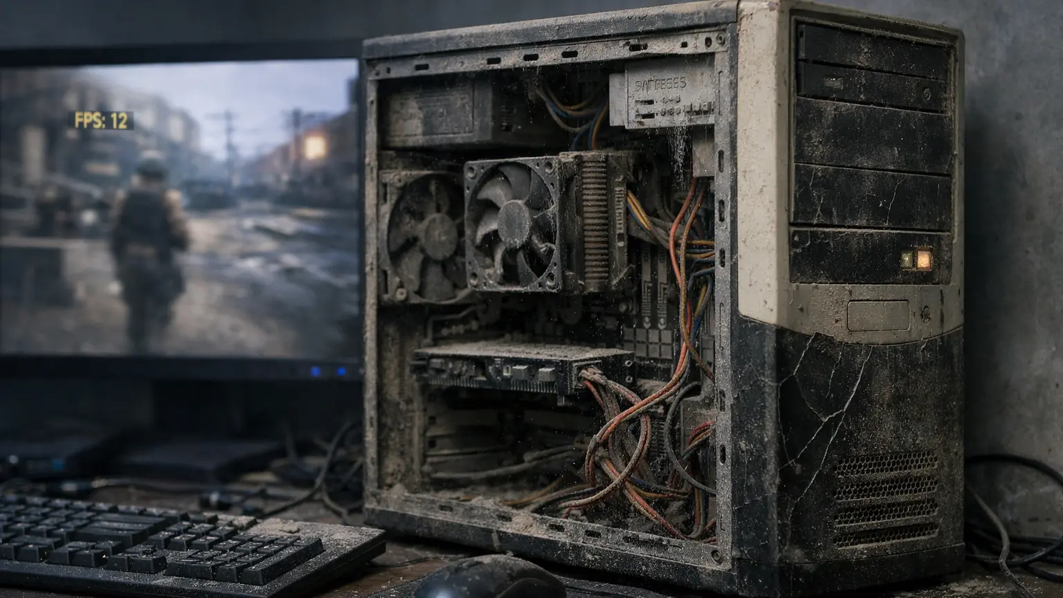 Vieux PC gaming poussiéreux avec composants usés et faible FPS illustrant une configuration obsolète à remplacer