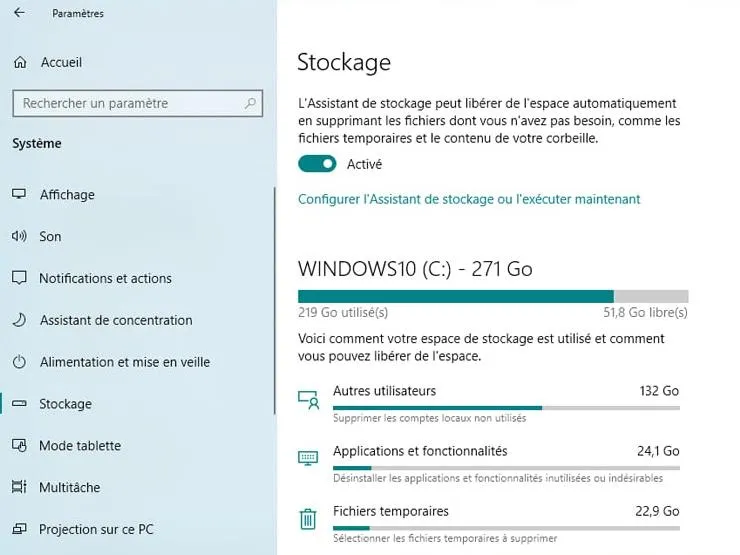 Paramètres de stockage Windows avec 22,9 Go de fichiers temporaires