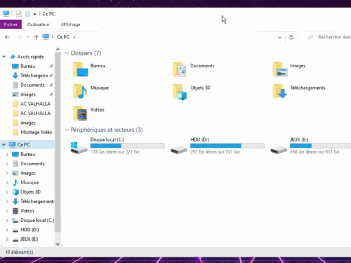Explorateur de fichiers Windows ouvert sur Ce PC avec la liste des lecteurs