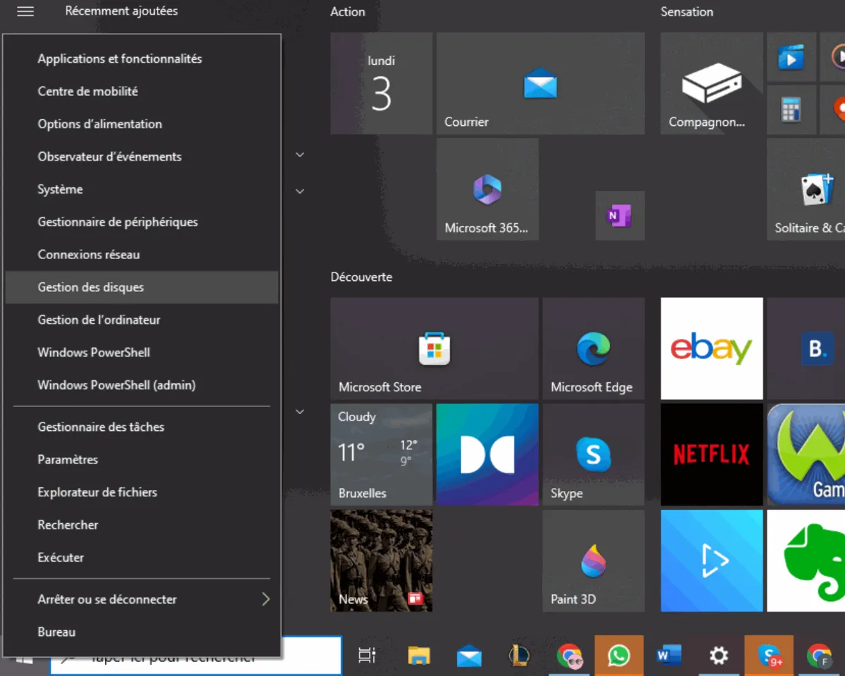 Menu du clic droit sur le bouton Démarrer avec l'entrée Gestion des disques