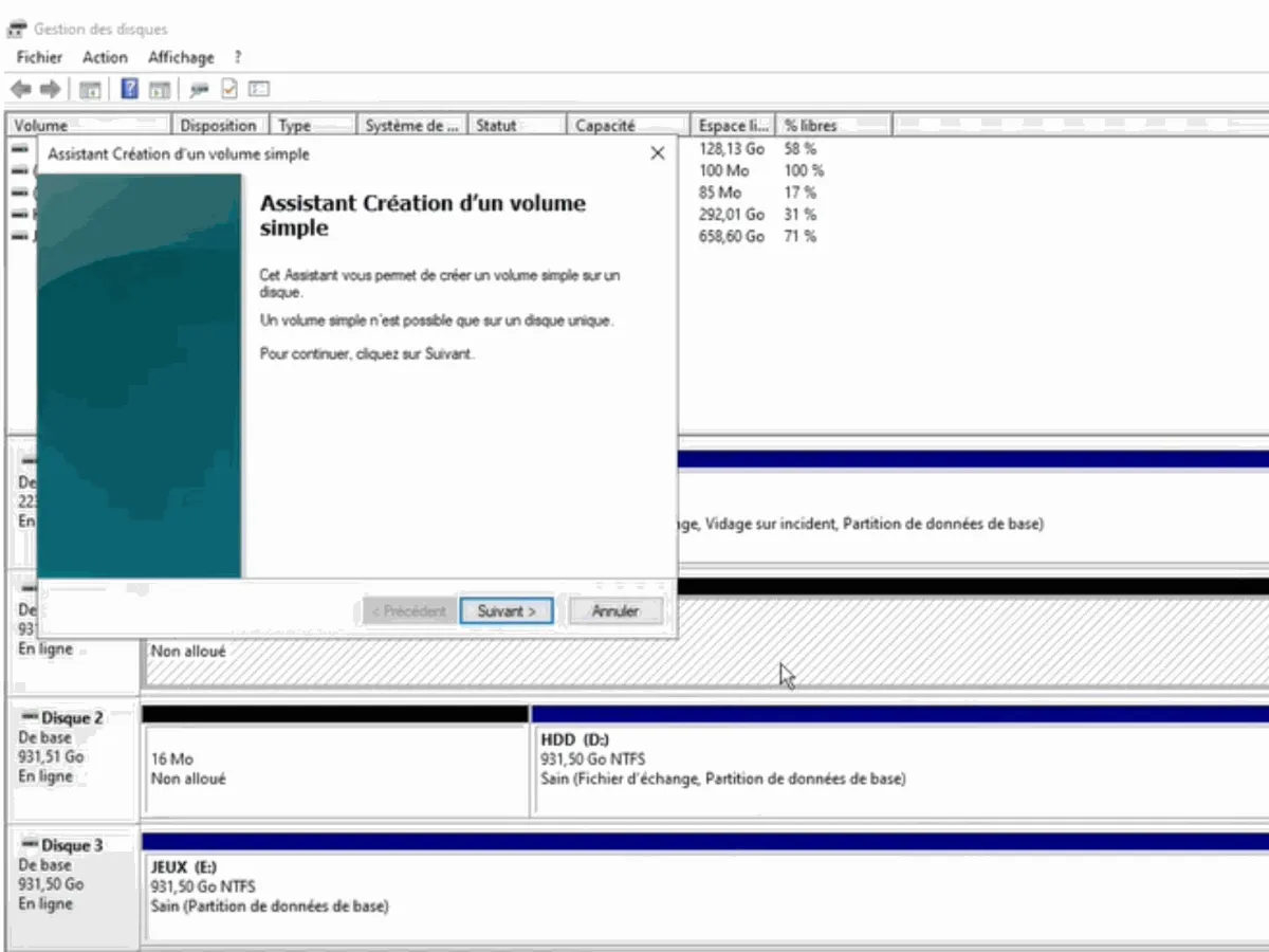 Assistant Création d'un volume simple de Windows