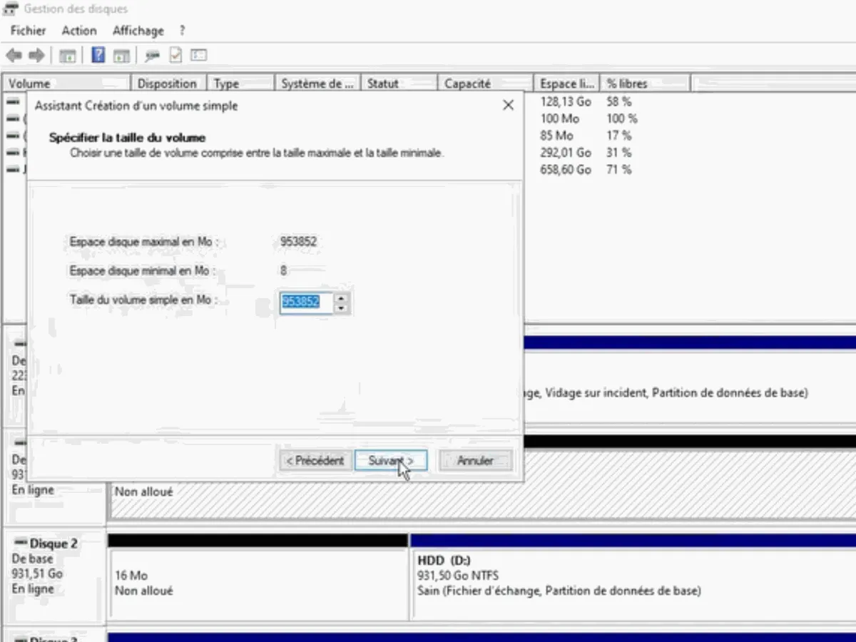 Choix de la taille du volume simple en Mo dans l'assistant