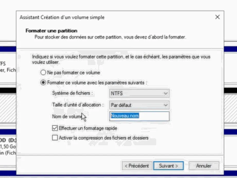 Formatage de la partition en NTFS avec formatage rapide