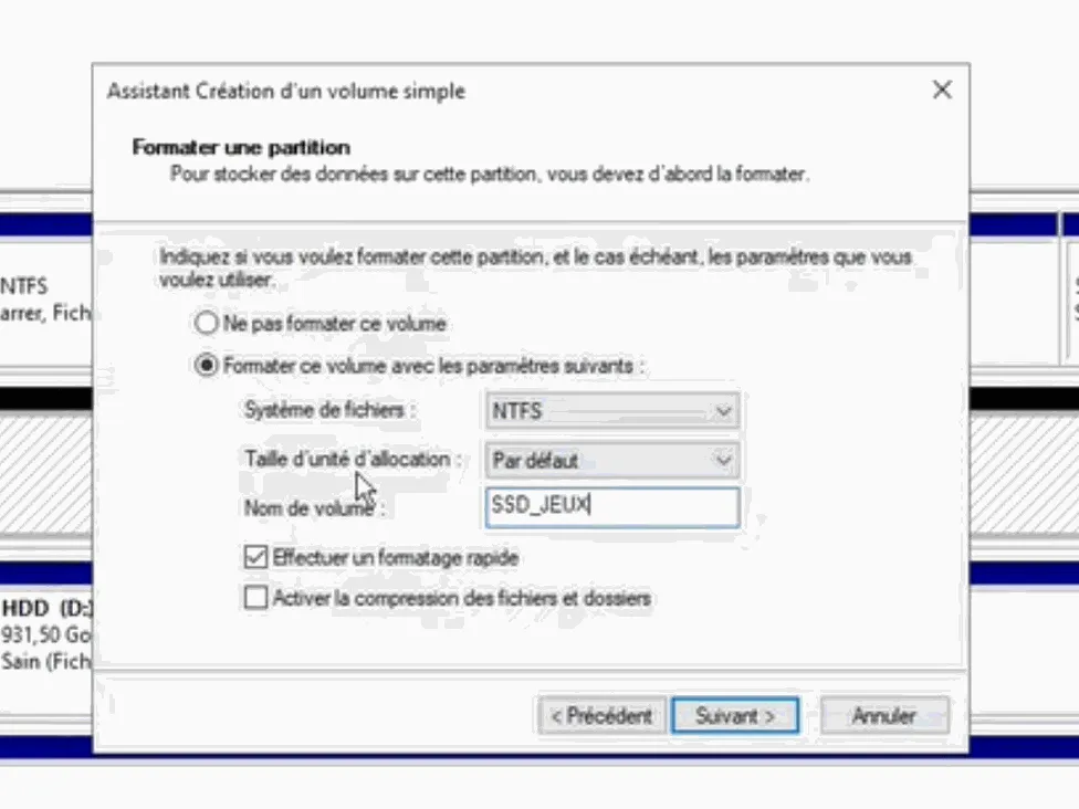 Saisie du nom de volume SSD_JEUX dans l'assistant de formatage