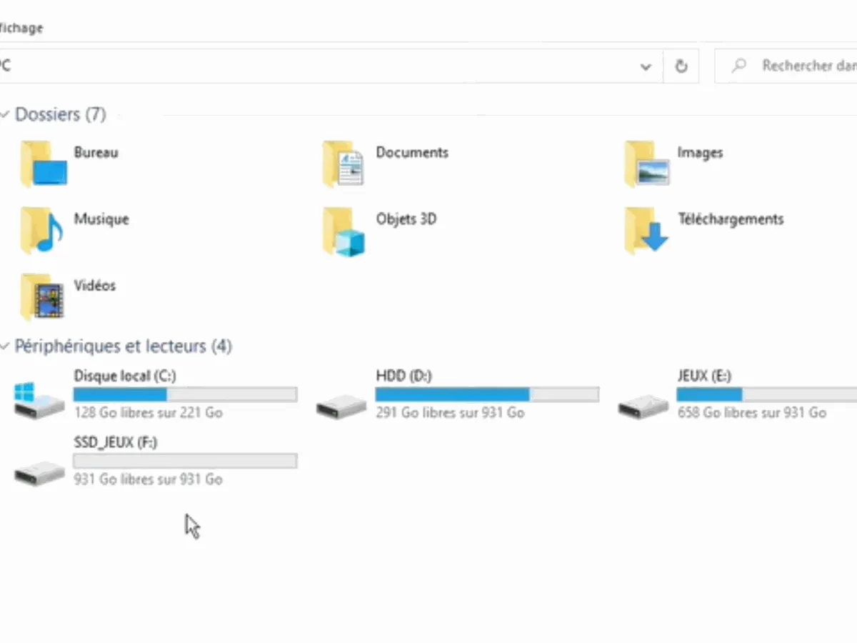 Explorateur Windows affichant le nouveau lecteur SSD_JEUX