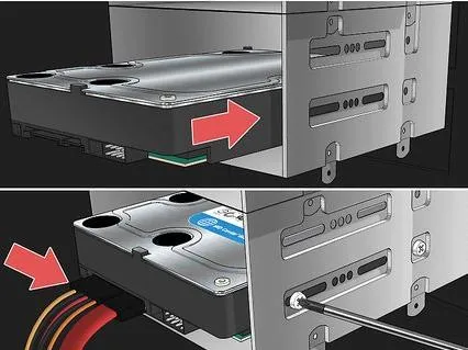 Disque dur glissé dans sa baie et branchement des câbles SATA et d'alimentation