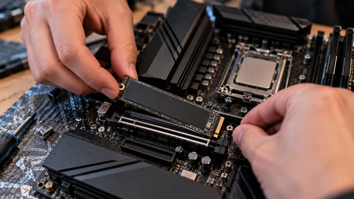 Mains insérant un SSD M.2 NVMe dans le slot M.2 d'une carte mère