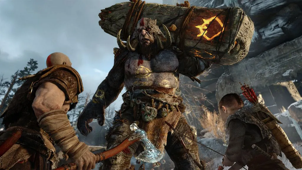 Kratos et Atreus face à un géant dans God of War