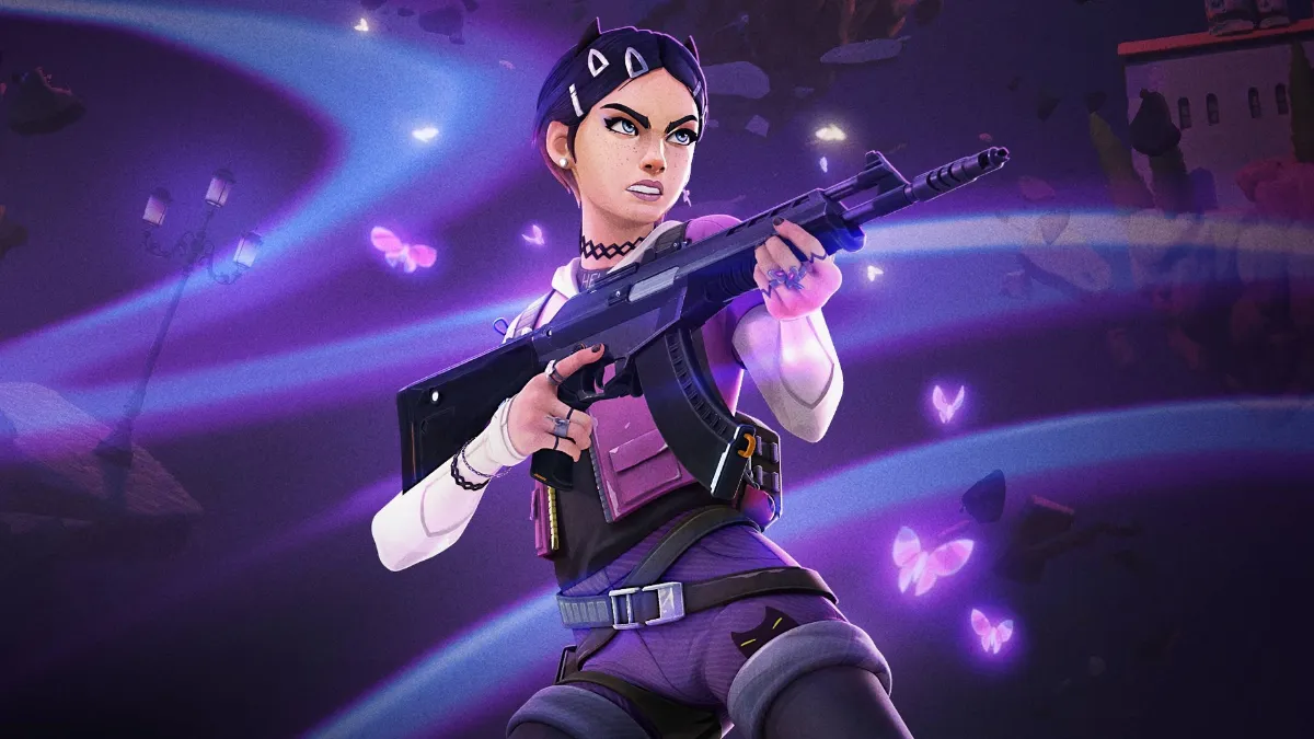 Personnage de Valorant armé sur fond violet