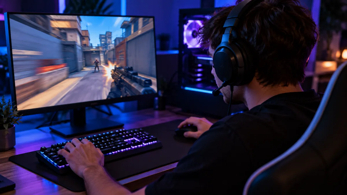 Joueur esport concentré devant un écran gaming rapide pendant une partie de jeu de tir