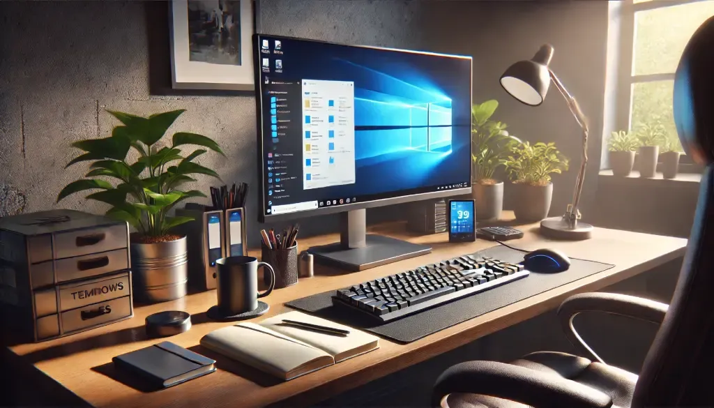 Bureau avec un PC sous Windows affichant l'explorateur de fichiers