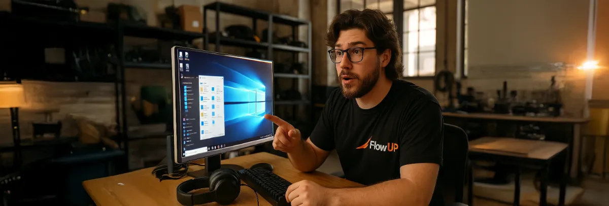 Technicien FlowUP expliquant le nettoyage des fichiers temporaires devant un PC