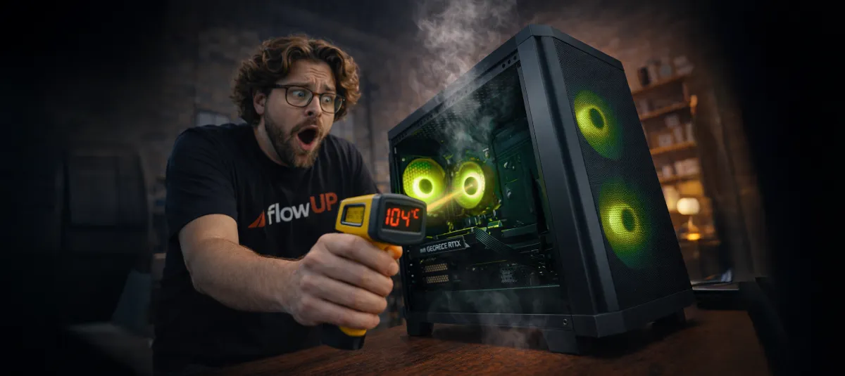 Mesure de la température d'un PC gaming qui chauffe trop avec un thermomètre infrarouge