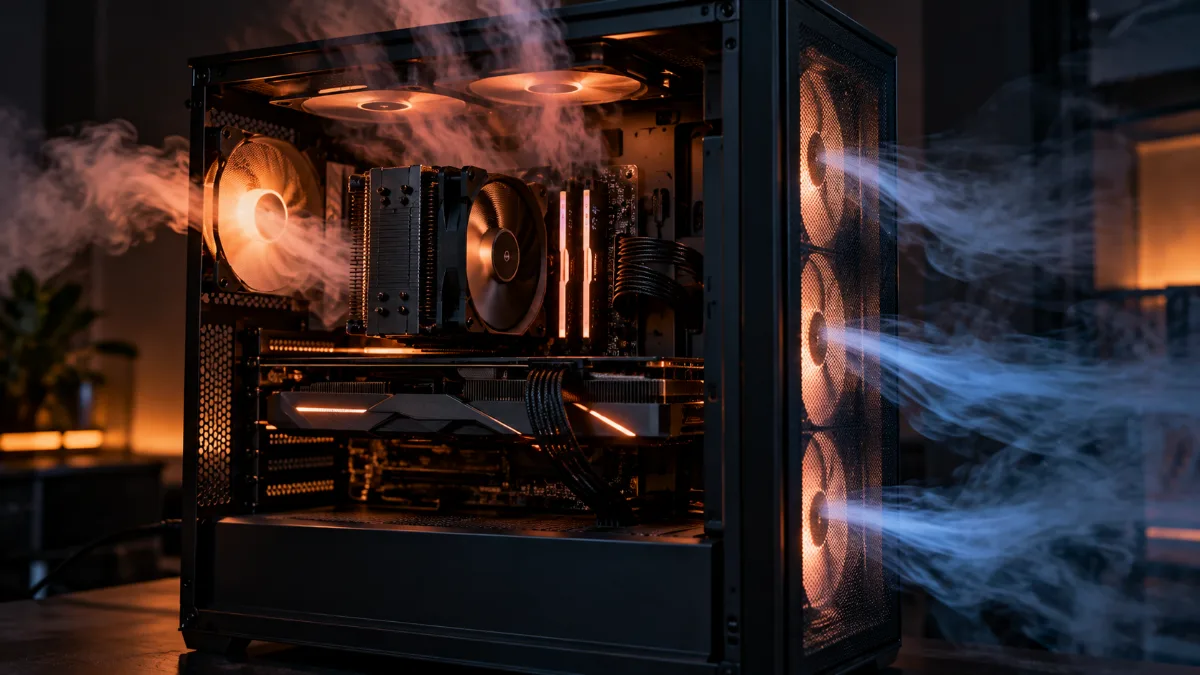 Flux d'air dans un boîtier PC gaming, air frais par l'avant et air chaud évacué par l'arrière et le haut