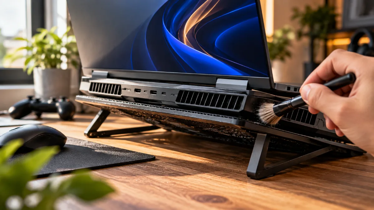 PC portable gaming sur un support ventilé, grilles d'aération nettoyées au pinceau