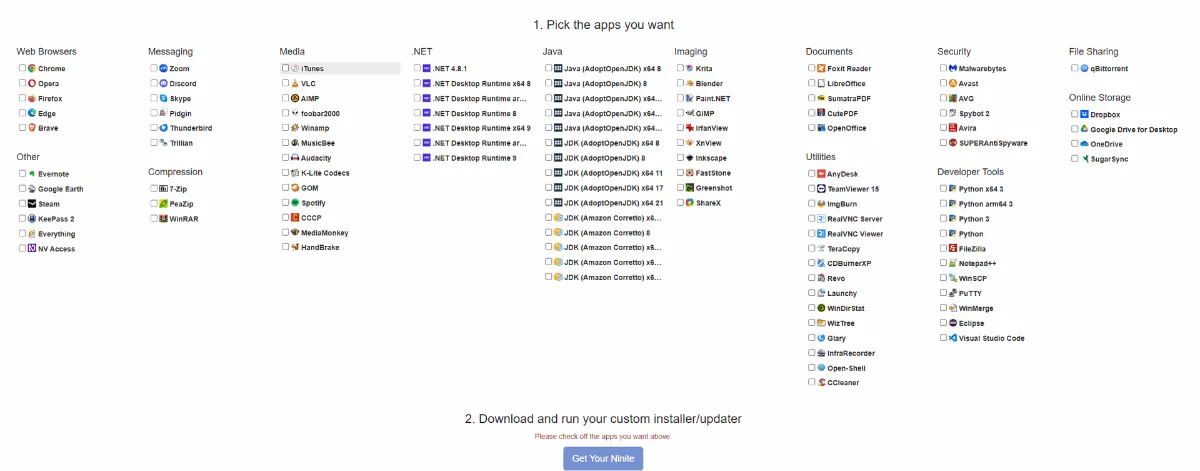 Page de Ninite permettant de choisir et d’installer plusieurs logiciels en une fois