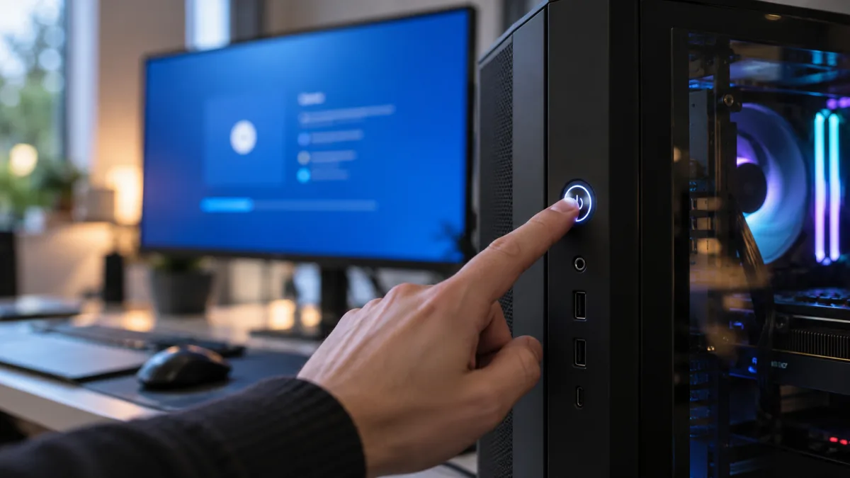 Doigt appuyant sur le bouton de démarrage en façade d'une tour PC gaming