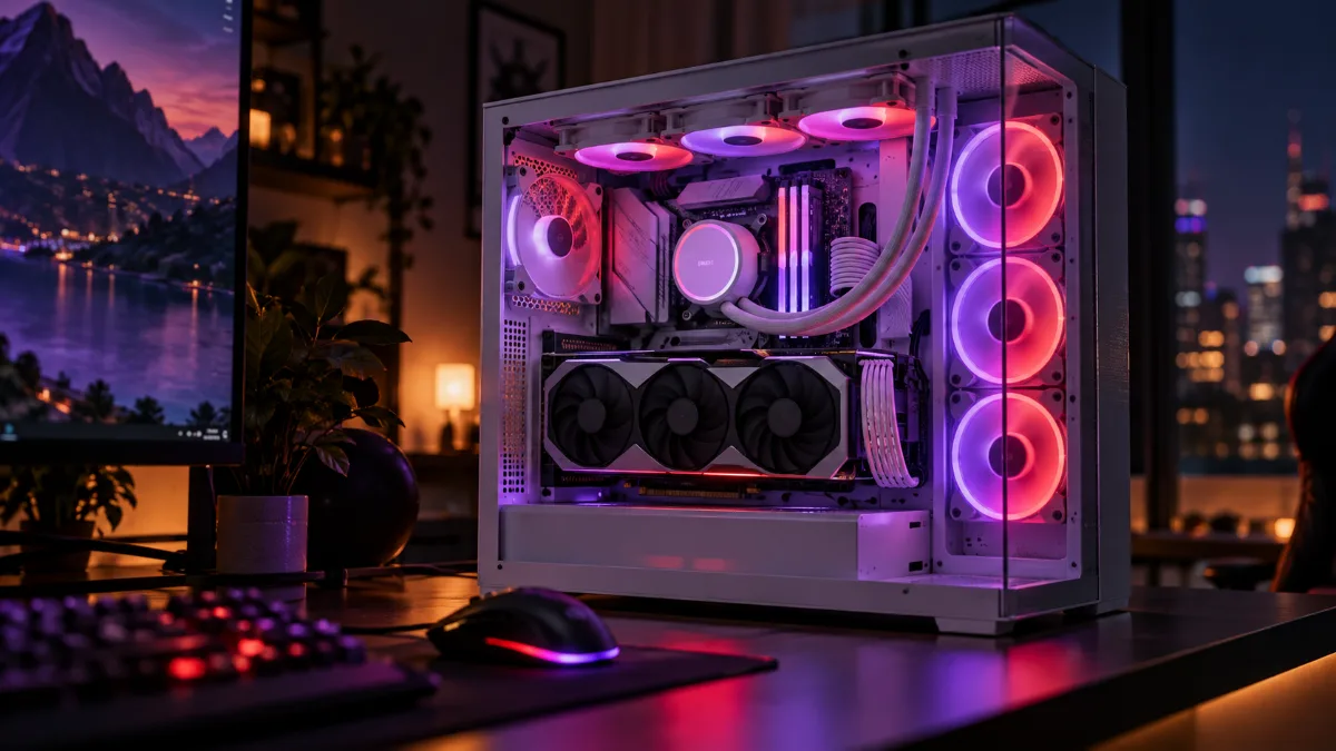 PC gamer blanc avec carte graphique et watercooling, alternative moderne à la RX 7900 GRE