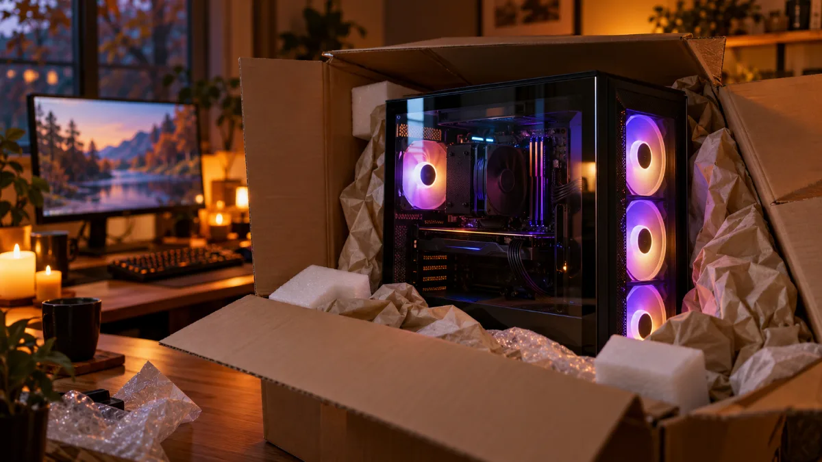 PC gamer RGB déballé de son carton de livraison sur un bureau, ambiance soirée d'automne