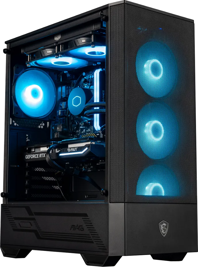 PC gamer FlowUP avec boîtier vitré et ventilateurs bleus