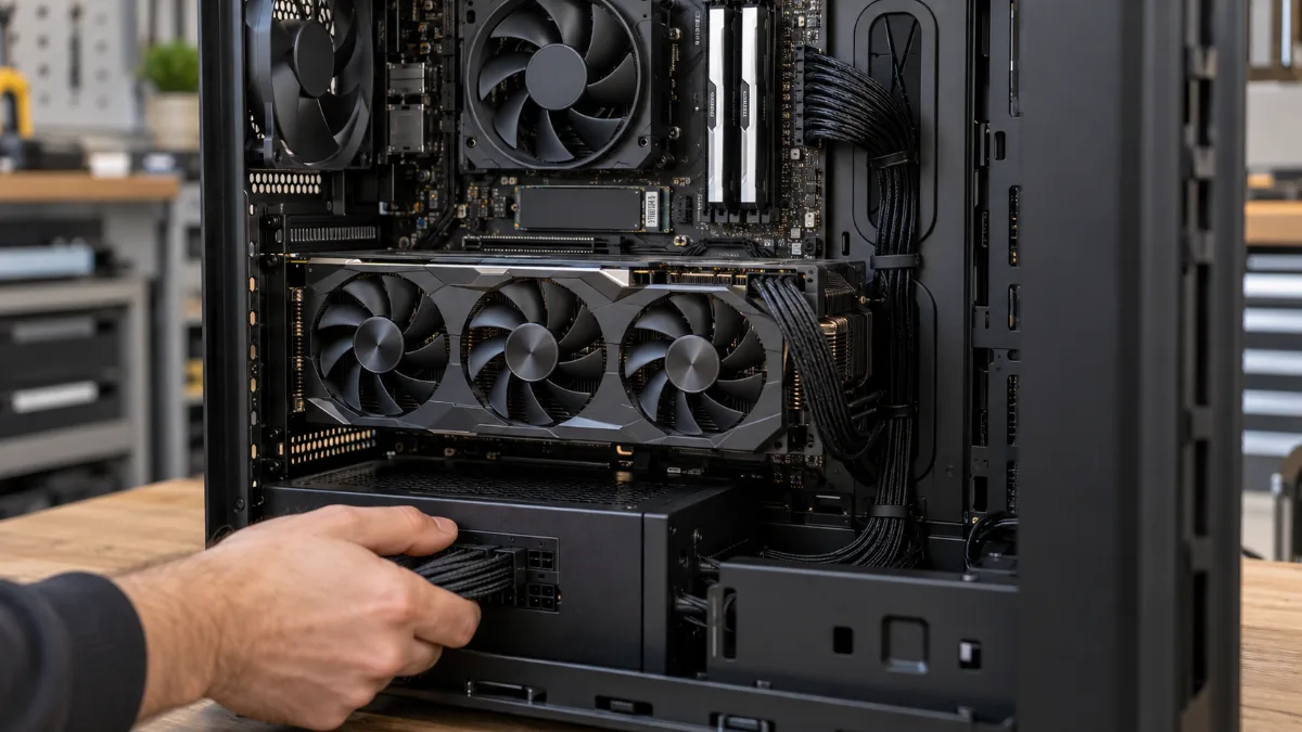 Main vérifiant l'alimentation modulaire d'un PC gamer ouvert, avec RAM, SSD M.2 et carte graphique visibles