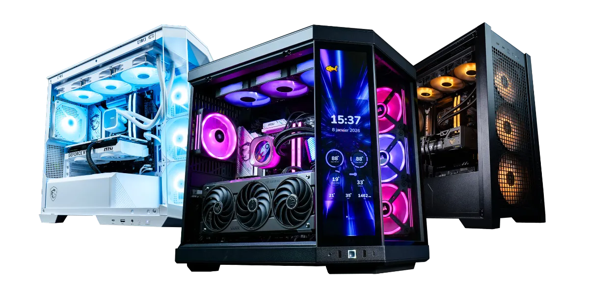Trois PC gamer FlowUP montés avec boîtiers vitrés et éclairage RGB