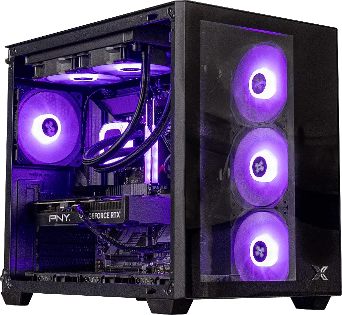 PC gamer FlowUP compact avec ventilateurs RGB violets