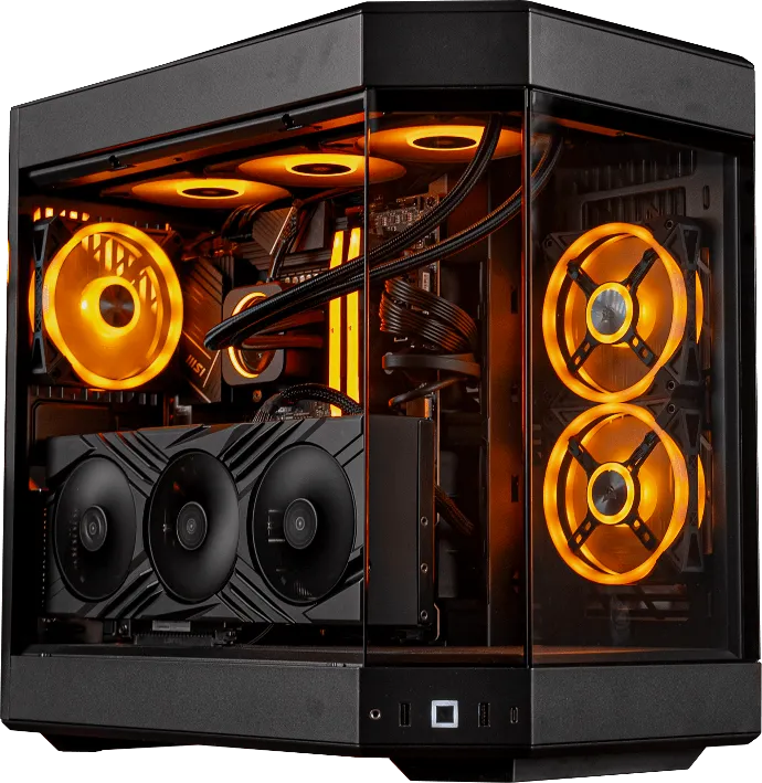 PC gamer FlowUP haut de gamme avec boîtier panoramique et ventilateurs orange