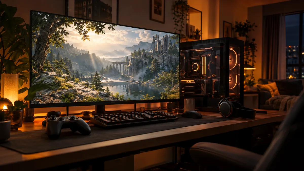 PC gamer tour vitrée et grand écran affichant un jeu en monde ouvert détaillé dans un salon