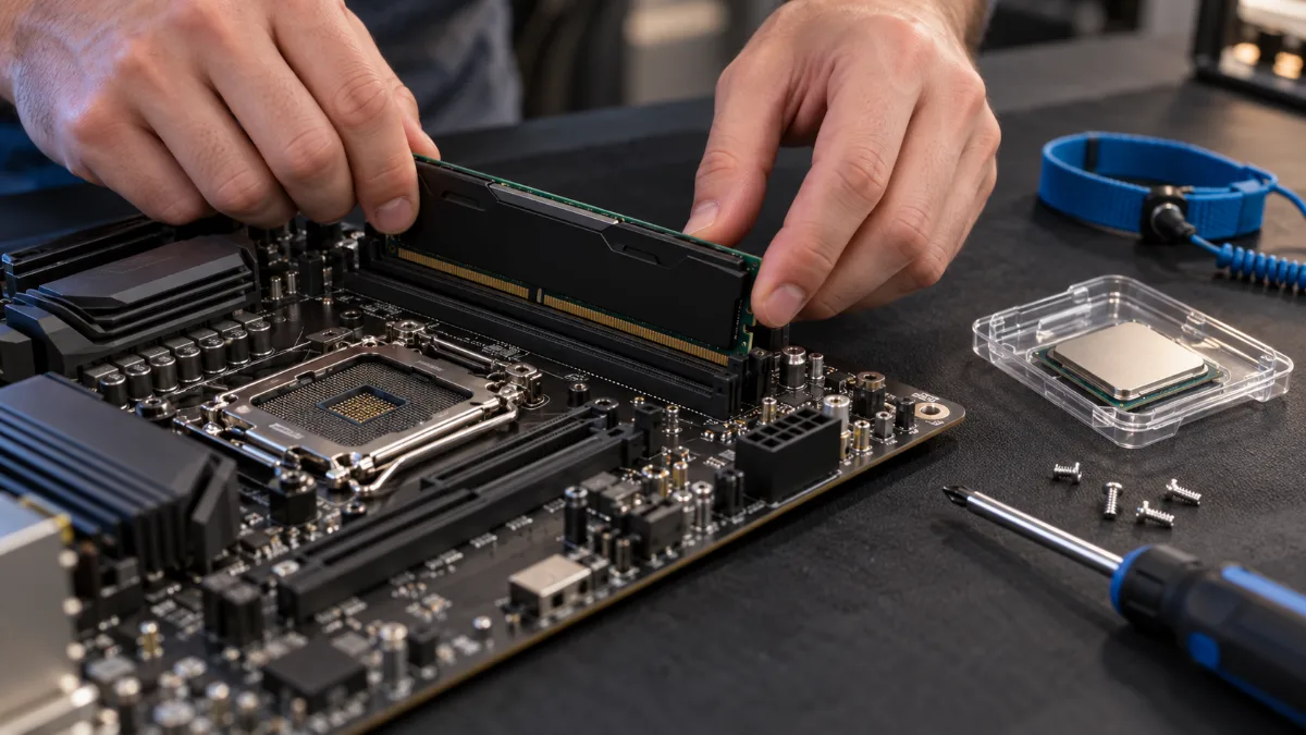 Mains installant une barrette de RAM sur une carte mère posée sur un tapis antistatique