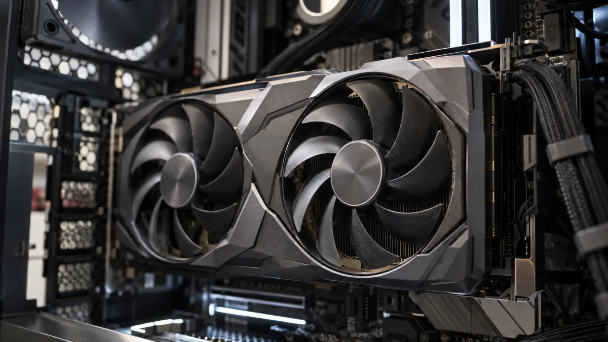 Carte graphique gaming à deux ventilateurs montée dans un PC