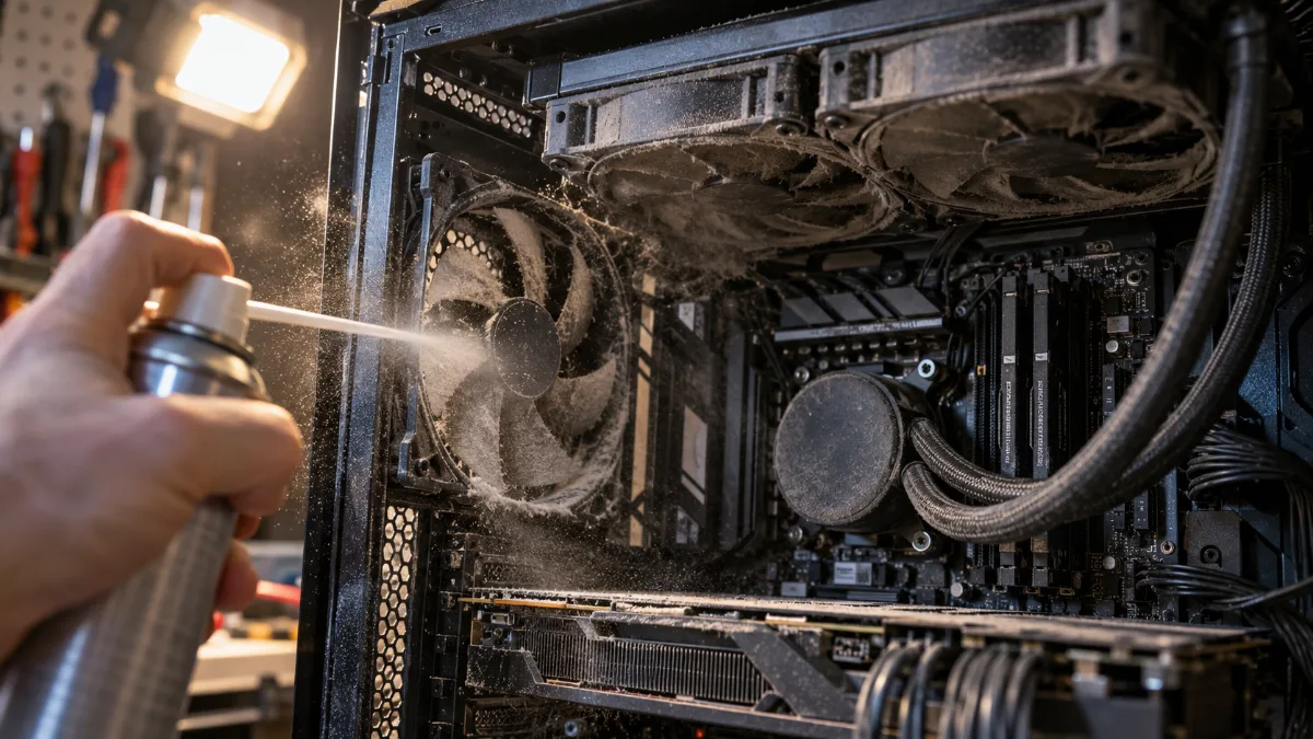 Intérieur de PC gamer couvert de poussière nettoyé avec une bombe d'air sec