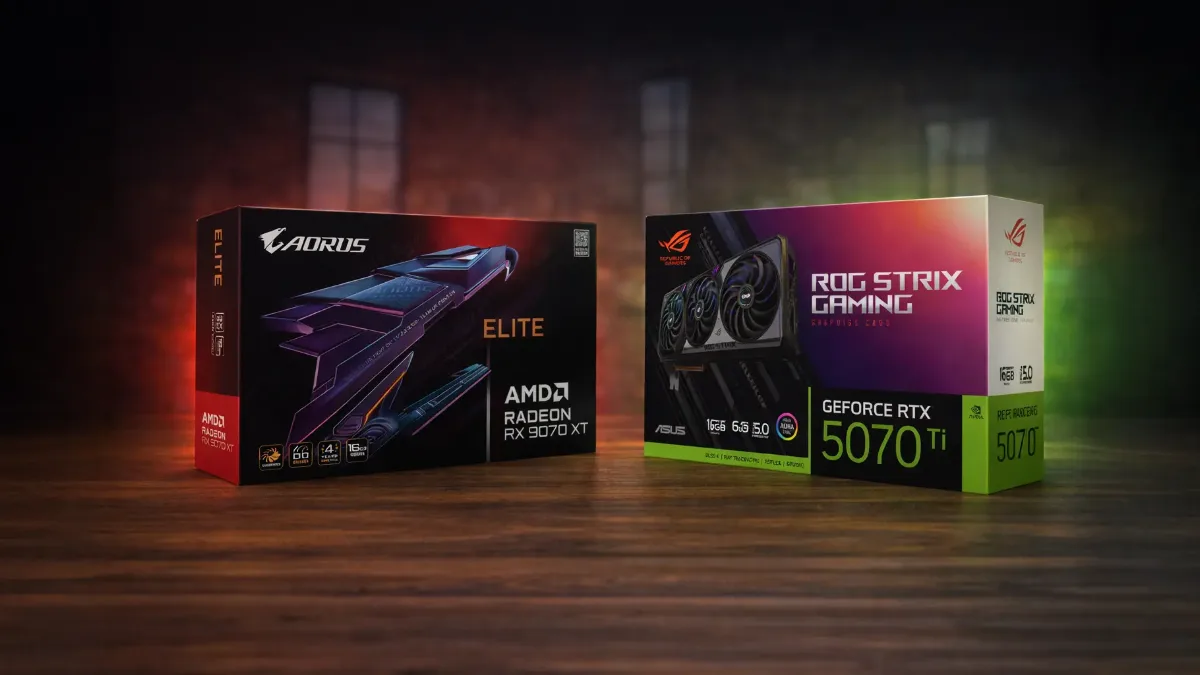 Cartes graphiques GeForce RTX 5070 Ti et Radeon RX 9070 XT côte à côte