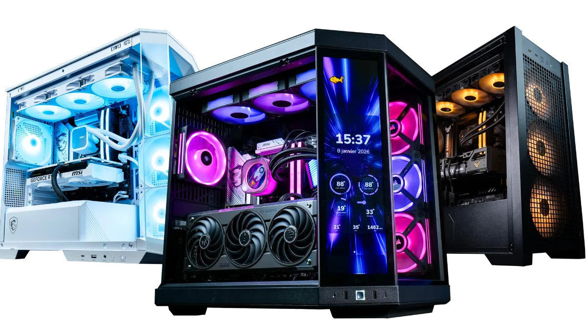 Trois PC gamer FlowUP dans des boîtiers panoramiques éclairés