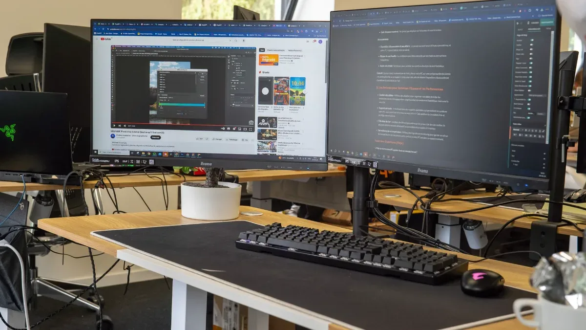 Bureau avec deux écrans, clavier et PC gamer, installation d'un premier setup de jeu