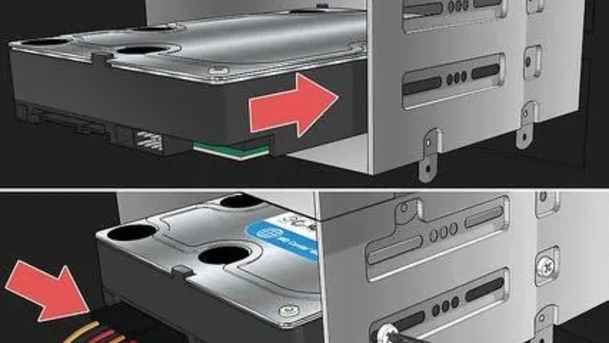 Installation d'un disque dur HDD 3,5 pouces dans un emplacement de boîtier PC avec câbles SATA
